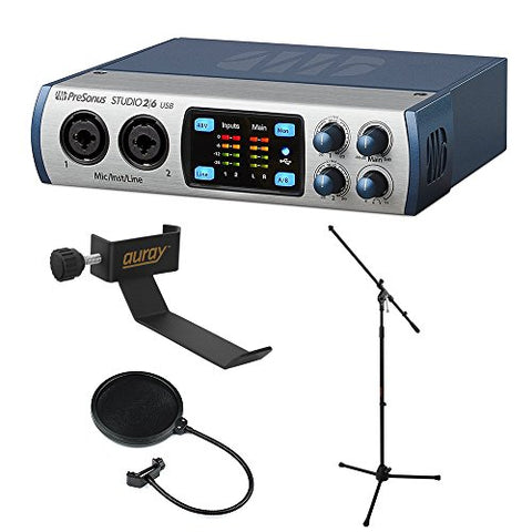 PreSonus Studio 26-2x4 192 kHz, USB 2.0 Audio/MIDI Interface with COHH-2 Clamp On Headphone Holder, MS-5230F Tripod Microphone Stand and Pop Filter