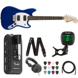 Squier by Fender Bullet Mustang HH Electric Guitar (Imperial Blue) Bundle with Fender Mustang Headphone Amp, Guitar Strap, 10ft Instrument Cable, FT-1 Tuner, 12-Pack Picks, and Headphone