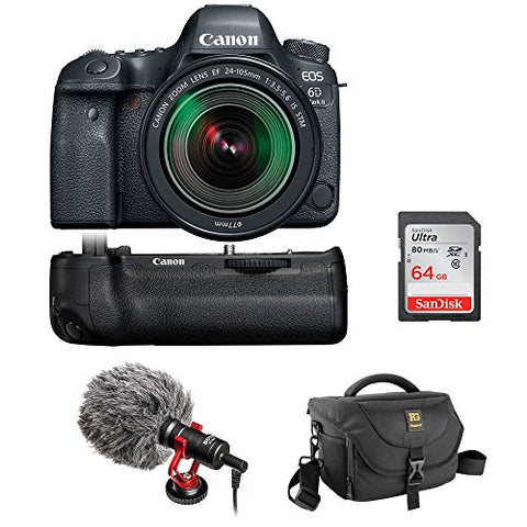 Canon EOS 6D Mark II DSLR Camera with 24-105mm f/3.5-5.6 Lens, Canon BG-E21 Battery Grip, Journey 34 DSLR Shoulder Bag, BY-MM1 Shotgun Video Microphone & 64GB Memory Card