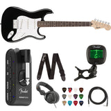 Squier by Fender Bullet Stratocaster Beginner Hard Tail Electric Guitar (Black) Bundle with Fender Mustang Headphone Amp, Guitar Strap, 10ft Instrument Cable, FT-1 Tuner, 12-Pack Picks, and Headphone