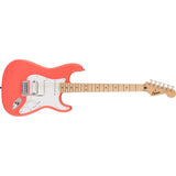 Squire Sonic Stratocaster Electric Guitar, Tahitian Coral, Maple Fingerboard, White Pickguard Bundle with Fender Logo Guitar Strap Black, Fender 12-Pack Celluloid Picks, and Gator Guitar Stand