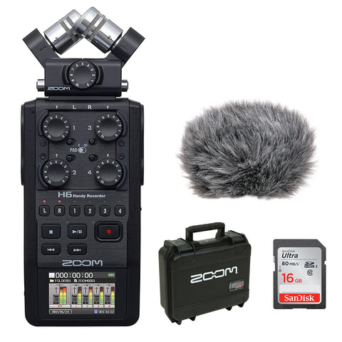 Zoom H6 All Black 6-Track / 6-Input Portable Recorder with Single Mic Capsule, SKB Waterproof Case, 16GB Memory Card & Windbuster Bundle