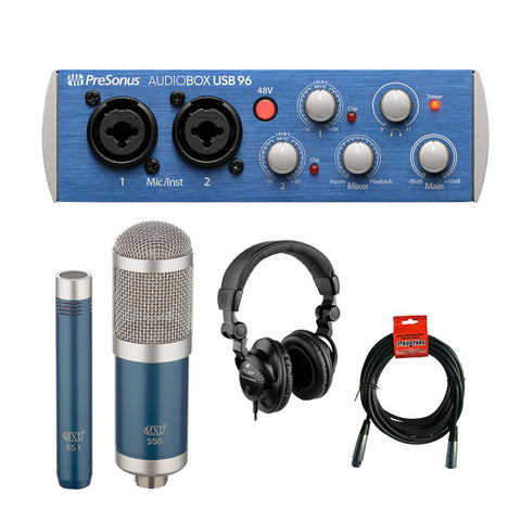 PreSonus AudioBox 96 USB 2.0 Audio Recording Interface with MXL 550/551R Microphone Ensemble (Blue), Polsen HPC-A30 Studio Monitor Headphones & XLR Cable Bundle