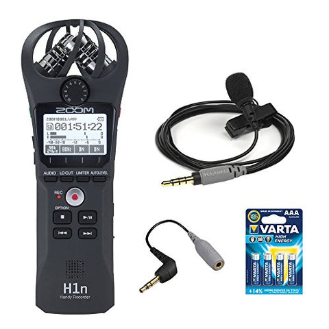 Zoom H1n Digital Handy Recorder (Black) with Rode smartLav+ Condenser Microphone, SC3 3.5mm TRRS-TRS Adapter and AAA Battery (4-Pack)