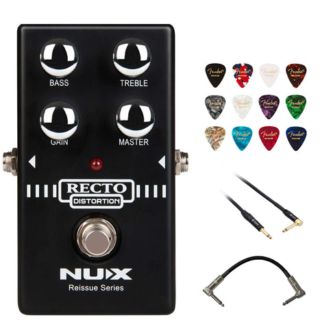 NUX Recto Distortion Guitar Effect Pedal Bundle with Kopul 10' Instrument Cable, Strukture S6P48 6" Patch Cable Right Angle, and Fender 12-Pack Picks