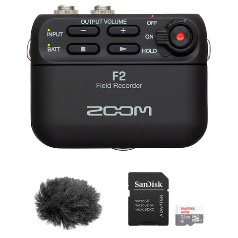 Zoom F2 Ultracompact Portable Field Recorder (Lavalier Microphone) Bundle with 32GB Memory Card & Fuzzy Windbuster