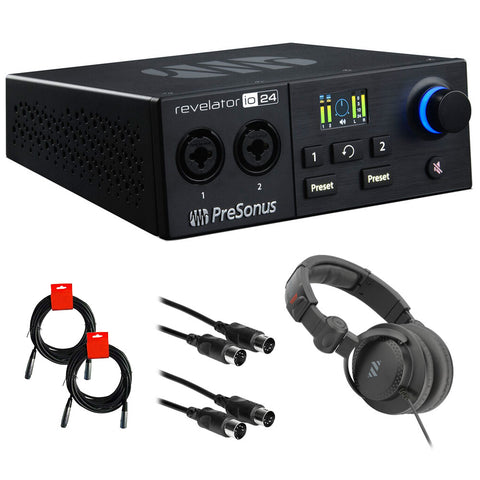 PreSonus Revelator io24 USB-C Compatible Audio Interface with Integrated Loopback Mixer and Effects for Streaming, Podcasting Bundle with Polse Studio Headphones, 2x MIDI Cables, and 2x XLR-XLR Cable