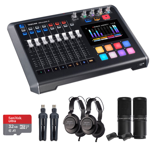 Tascam Mixcast 4 Podcast Station with Built-in Recorder/USB Audio Interface (MIXCAST4) Bundle with 2x Zoom ZDM-1 Podcast Mic Pack and 32GB microSDHC Memory Card