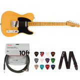 Squier by Fender 50's Telecaster (Maple, Butterscotch Blonde) Bundle with Fender 10ft Cable (Straight/Straight), Fender Guitar 12-Pack Picks, and Fender 2" Guitar Straps