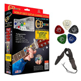 Chorbuddy CBCLASSBOX Classical Guitar Learning Boxed System with Planet Waves Classic Pearl 10-Pack Guitar Pick & Guitar Strap Bundle