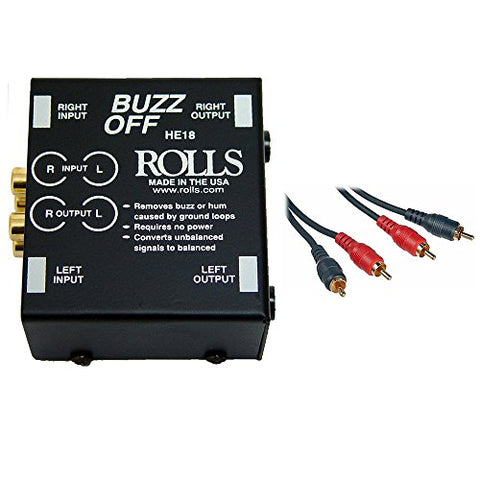 Rolls HE18 Buzz Off 2-Channel Hum and Buzz Remover with 2 RCA Male to 2 RCA Male Dual Audio Cable 3'