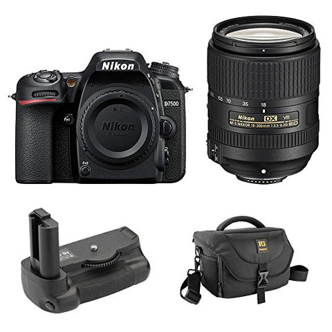 Nikon D7500 DSLR Camera with 18-300mm Lens Kit, Journey 34 DSLR Shoulder Bag & BG-N18 Battery Grip Kit