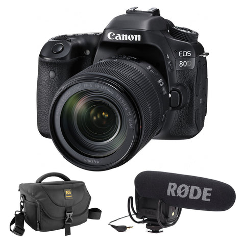 Canon EOS 80D DSLR Camera with 18-135mm Lens with Rode VideoMic Pro plus Rycote Lyre Shockmount & DSLR Shoulder Bag Bundle