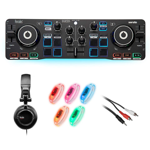 Hercules DJ Party Set with DJControl Starlight Controller, Headphones, LED Wristbands, & 3' Y-Cable Cable Bundle