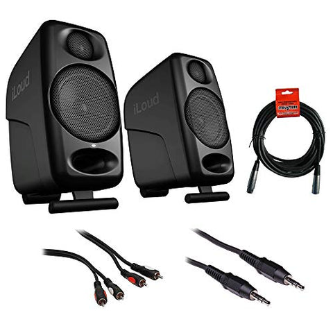 IK Multimedia iLoud Micro Monitors (Pair, Black) with RCA Male to Male Audio Cable 6', Mini Male Cable 10' & 20' XLR Cable Bundle