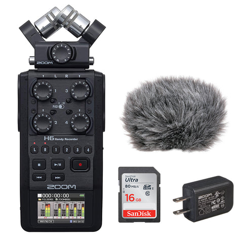 Zoom H6 All Black 6-Track / 6-Input Portable Recorder with Single Mic Capsule, WRW-H4N Custom Windbuster, AC Adapter & 16GB Memory Card Bundle