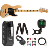 Squier by Fender Classic Vibe 70's Jazz Bass Guitar, Maple (Natural) Bundle with Fender Mustang Micro Headphone Amp, Guitar Strap, 10ft Instrument Cable, FT-1 Clip-On Tuner, 12-Pack Picks, and Headphone