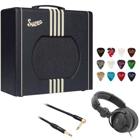 Supro Delta King 12 1x12-inch 15-watt Tube Combo Amp (Black and Cream) Bundle with Polsen Studio Headphone, Kopul Phone to Phone Instrument Cable (10'), and Fender 12-Pack Classic Guitar Picks