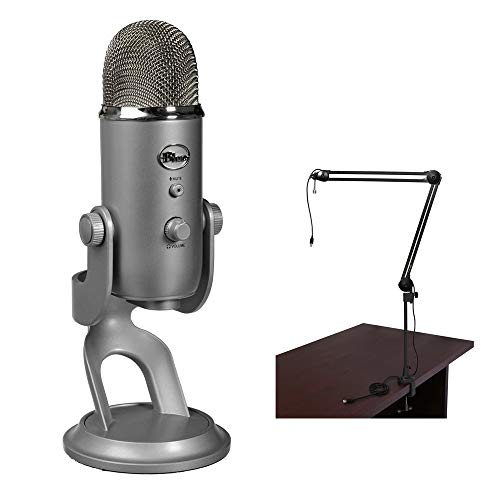 Blue Yeti USB Microphone (Silver) with BAI-2U Two-Section Broadcast Arm plus Internal Springs & USB Cable Bundle