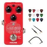 NUX Voodoo Vibe Mini Uni-vibe Guitar Effects Pedal (Red) Bundle with Kopul 10' Instrument Cable, Strukture S6P48 6" Patch Cable Right Angle, and Fender 12-Pack Picks
