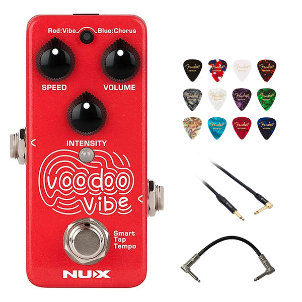 NUX Voodoo Vibe Mini Uni-vibe Guitar Effects Pedal (Red) Bundle with Kopul 10' Instrument Cable, Strukture S6P48 6" Patch Cable Right Angle, and Fender 12-Pack Picks