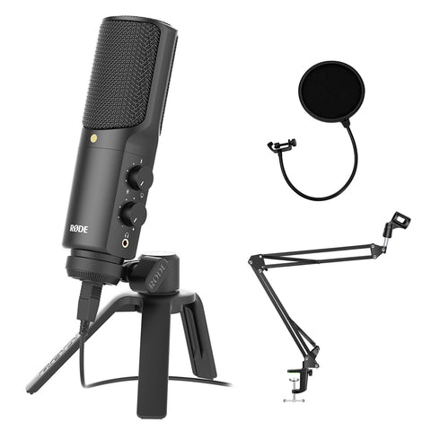 Rode NT-USB Versatile Studio-Quality USB Cardioid Condenser Microphone (Black) Bundle with Mic Boom Scissor Arm Stand and Pop Filter