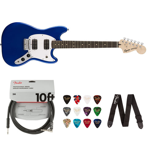 Squier by Fender Bullet Mustang HH Short Scale Beginner Electric Guitar (Blue) Bundle with Fender 10ft Cable (Straight/Straight), Fender Guitar 12-Pack Picks, and Fender 2" Guitar Straps