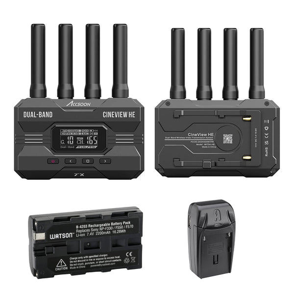 Accssoon CVHE CineView HE Multispectrum Wireless Video Transmitter and Receiver Bundle with Watson NP-F550 Li-Ion Battery Pack and AC/DC Charger
