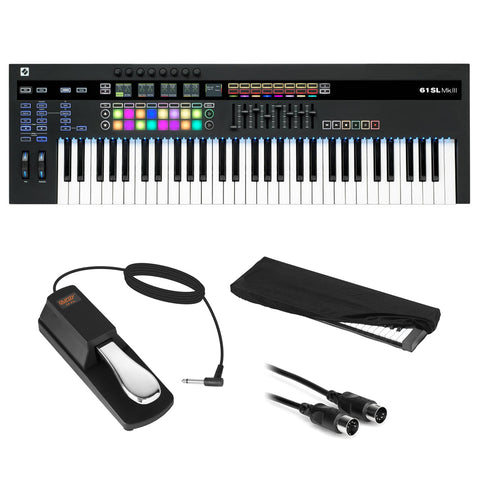 Novation SL MkIII 61-Note MIDI CV Keyboard Controller/Sequencer with Sustain Pedal (Piano Style), Keyboard Cover & MIDI Cable Bundle