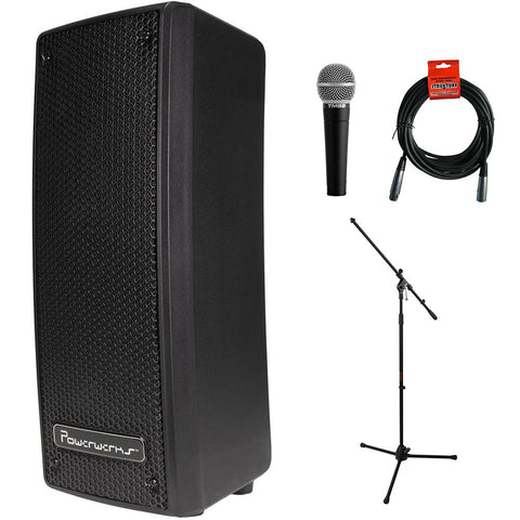 Powerwerks PA System (PW50), Black Bundle with Polsen M-85 Professional Dynamic Handheld Microphone (Dark Gray), Mic Stand with Fixed Boom and XLR Cable