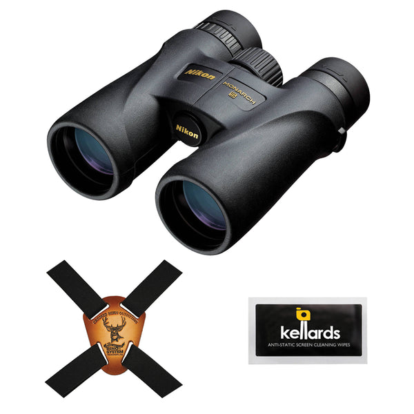 Nikon 10x42 Monarch 5 Binocular (Black) with Crooked Horn Binocular Harness & Screen Cleaning Wipes 5-Pack Bundle