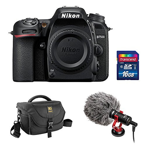 Nikon D7500 DSLR Camera (Body Only) with Journey 34 DSLR Shoulder Bag, BY-MM1 Shotgun Video Microphone & 16GB Memory Card Kit