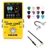 NUX Loop Core Stereo Looper Pedal with MIDI and Drum Patterns Bundle with Kopul 10' Instrument Cable, Hosa 6" Guitar Patch Cable and Fender 12-Pack Guitar Picks