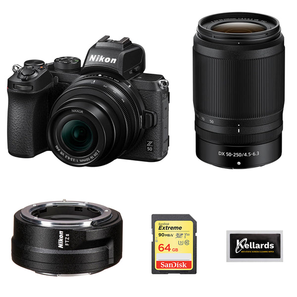 Nikon Z50 Mirrorless Camera with 16-50mm and 50-250mm Lenses Bundle with Nikon FTZ II Mount Adapter, 64GB SDXC Memory Card and Kellards Cleaning Kit