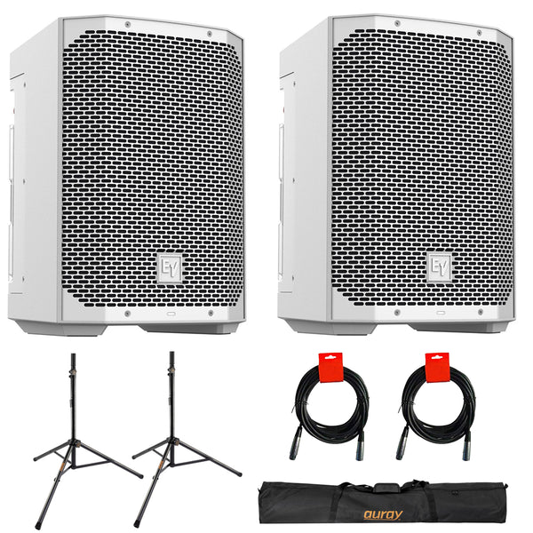 Electro-Voice EVERSE 8 8" 2-Way Battery Powered Loudspeaker with Bluetooth, White (Pair) Bundle with Auray SS-47S-PB Deluxe Steel Speaker Stand and 2x XLR-XLR Cable