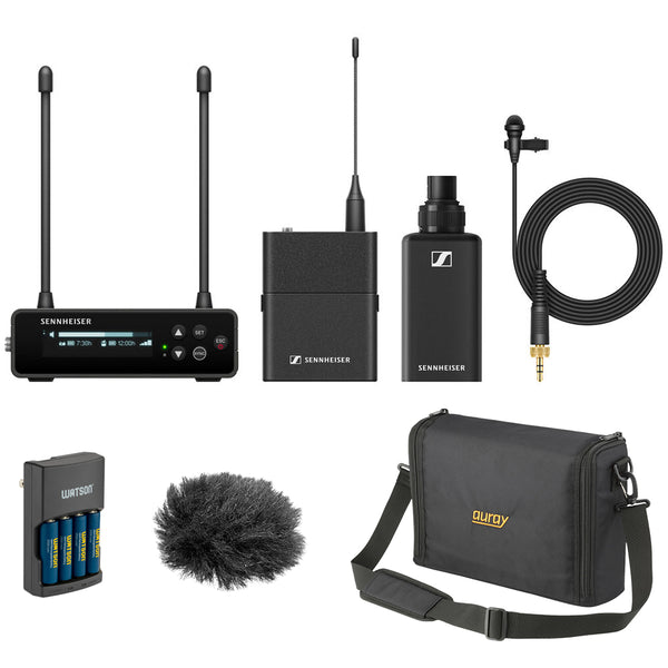 Sennheiser EW-DP ENG SET Camera-Mount Digital Wireless Combo Microphone System (R1-6: 520 to 576 MHz) Bundle with Auray WSB-1S Carrying Bag, WLW Fuzzy Windbuster, and Watson Rapid Charger (4 AA Batteries)