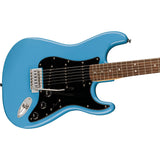 Squier Sonic Stratocaster Electric Guitar California Blue, Laurel Fingerboard, Black Pickguard Bundle with Fender Logo Guitar Strap Black, Fender 12-Pack Celluloid Picks, and Instrument Cable