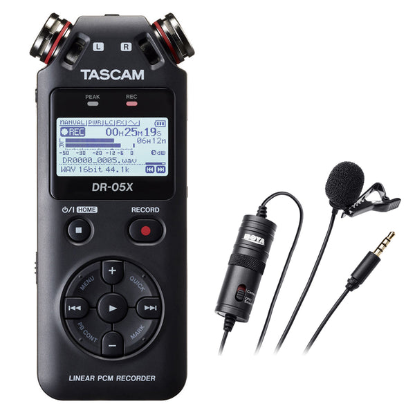 Tascam DR-05X Stereo Handheld Digital Audio Recorder with Boya BY-M1 Omni Directional Lavalier Microphone Bundle