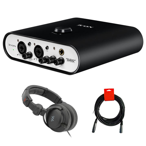 Icon Pro Audio Duo44 Live 4x4 Livestream USB Audio/MIDI Interface Bundle with Polsen Studio Monitor Headphone and XLR-XLR Cable