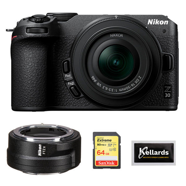 Nikon Z30 Mirrorless Camera with 16-50mm Lens Bundle with Nikon FTZ II Mount Adapter, 64GB Extreme Memory Card, and 5-Pack Wipes