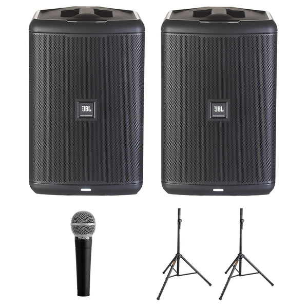 JBL EON ONE Compact All-In-One Rechargeable Personal PA (Pair) with Vocal Microphone & (2) Speaker Stand Bundle