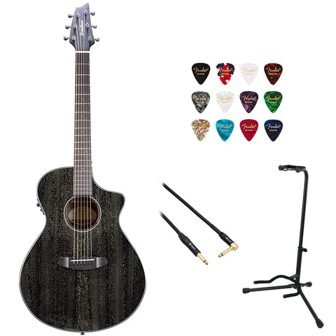 Breedlove ECO Rainforest S Concert CE Acoustic-Electric Guitar - Black Gold African Mahogany Bundle with Kopul 10' Instrument Cable, Fender 12-Pack Picks, and Gator Guitar Stand