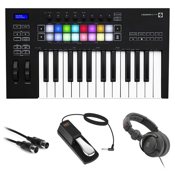 Novation Launchkey 25 MK3 USB MIDI Keyboard Controller (25-Key) Bundle with Monitor Headphones, Sustain Pedal & MIDI Cable