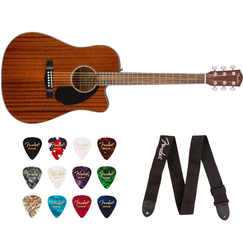 Fender CD-60SCE Dreadnought Acoustic Guitar (All Mahogany) Bundle with Fender Classic Celluloid Guitar Medium 12-Pack Picks 351 Shape and Fender 2" Guitar Straps