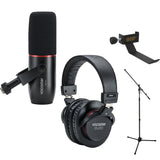 Focusrite Vocaster Broadcast Kit Dynamic Cardioid XLR Podcasting Microphone with Headphones Bundle with Auray MS-5230F Tripod Mic Stand and  COHH-2 Clamp-On Headphones Holder