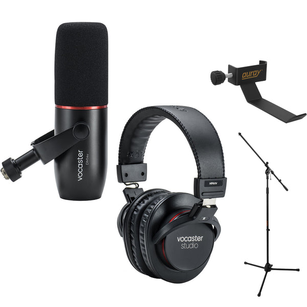 Focusrite Vocaster Broadcast Kit Dynamic Cardioid XLR Podcasting Microphone with Headphones Bundle with Auray MS-5230F Tripod Mic Stand and  COHH-2 Clamp-On Headphones Holder