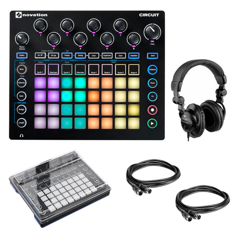 Novation Circuit Groove Box + Sample Import with Decksaver Circuit Cover, 2x  MID-310 MIDI Male Cable & Studio Monitor Headphones Bundle