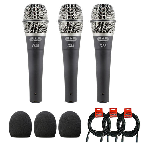 CAD CADLive D38 Supercardioid Dynamic Handheld Microphone (3 Pack) with 3 x Foam Windscreen & 3 x XLR Cable Bundle