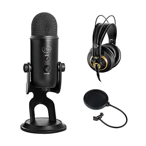 Blue Yeti USB Microphone (Blackout) with AKG K 240 Studio Professional Stereo Headphones & Pop Filter Bundle