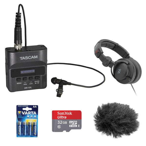 Tascam DR-10L Portable Digital Audio Recorder with Lavalier Microphone, 32GB Memory Card, Studio Headphones, 4pck Battery & Windscreen Bundle